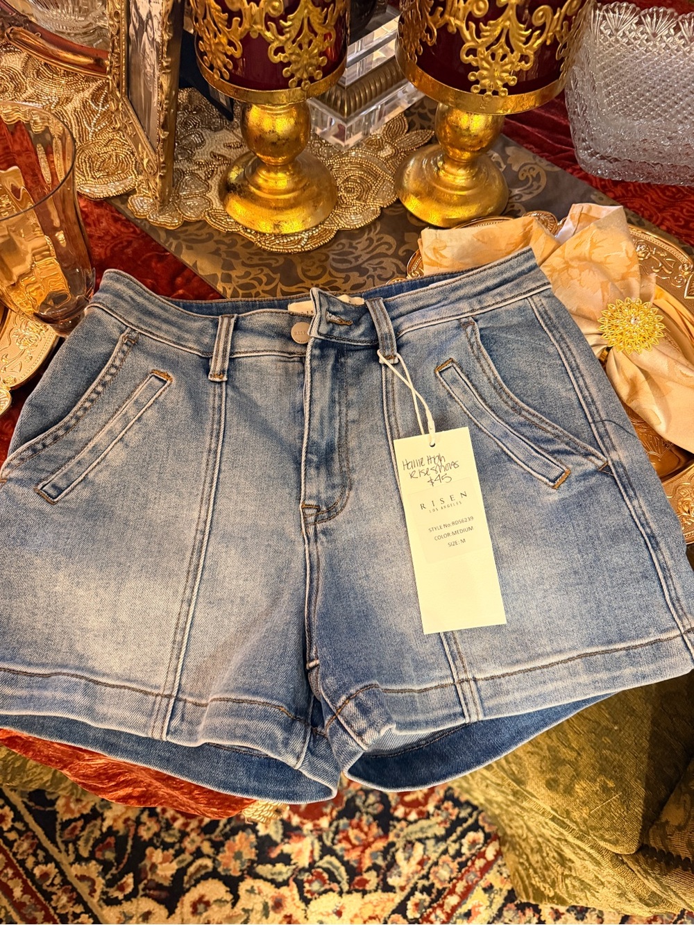 High-Rise RISEN Light Blue Denim Jean Shorts with Front Seam Detail